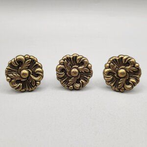 Vintage Brass Flower Decorative Drawer Knobs Floral Design Set Of 3